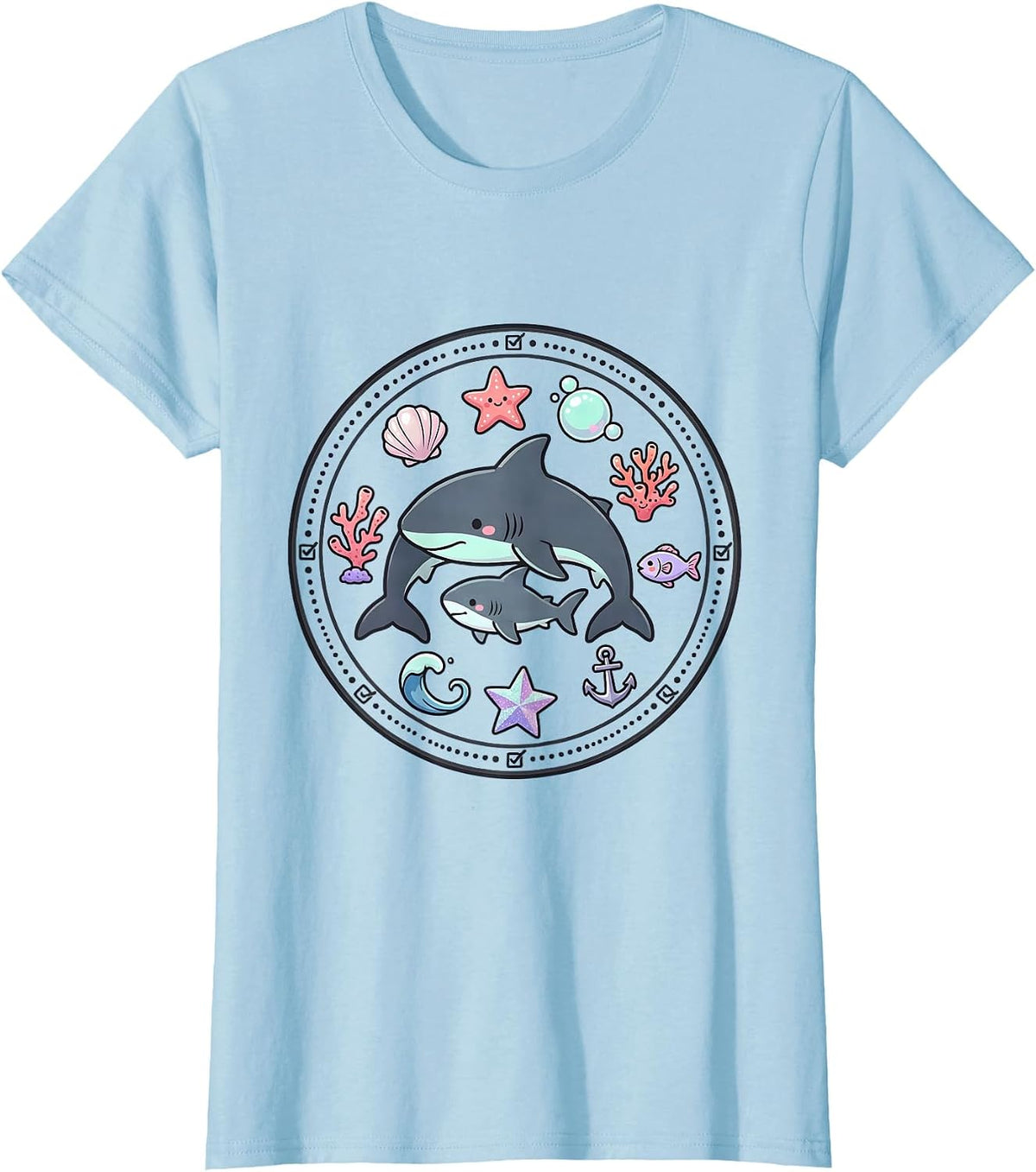 Mommy Shark Protecting Pup Silhouette Design T-Shirt - Baby Blue