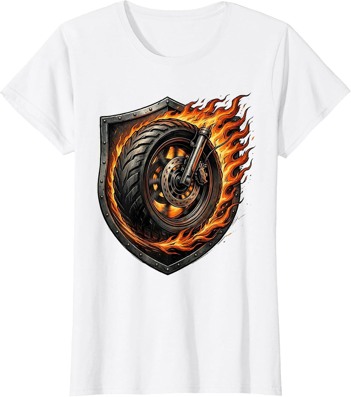 Women's Flaming Motorbike Wheel Rock and Roll Graphic T-Shirt - White