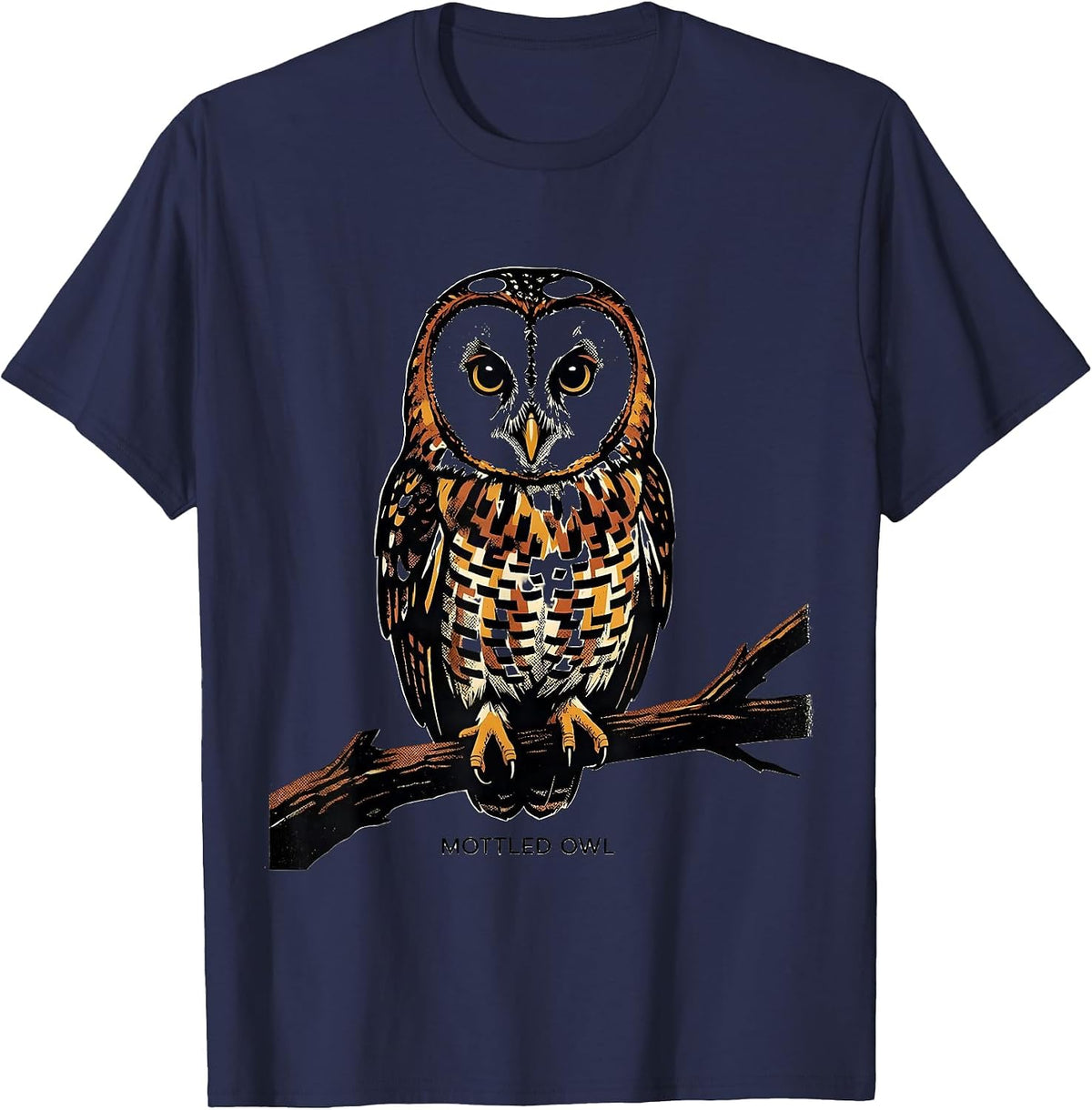 Men's Mottled Owl Screenprint Vintage Bird Lover Nature Art T-Shirt - Navy Blue