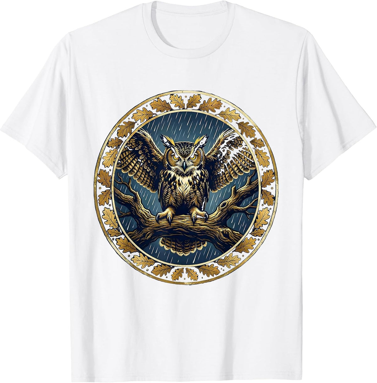 Men's Owl on Branch Rainy Night Fall Illustration T-Shirt - White