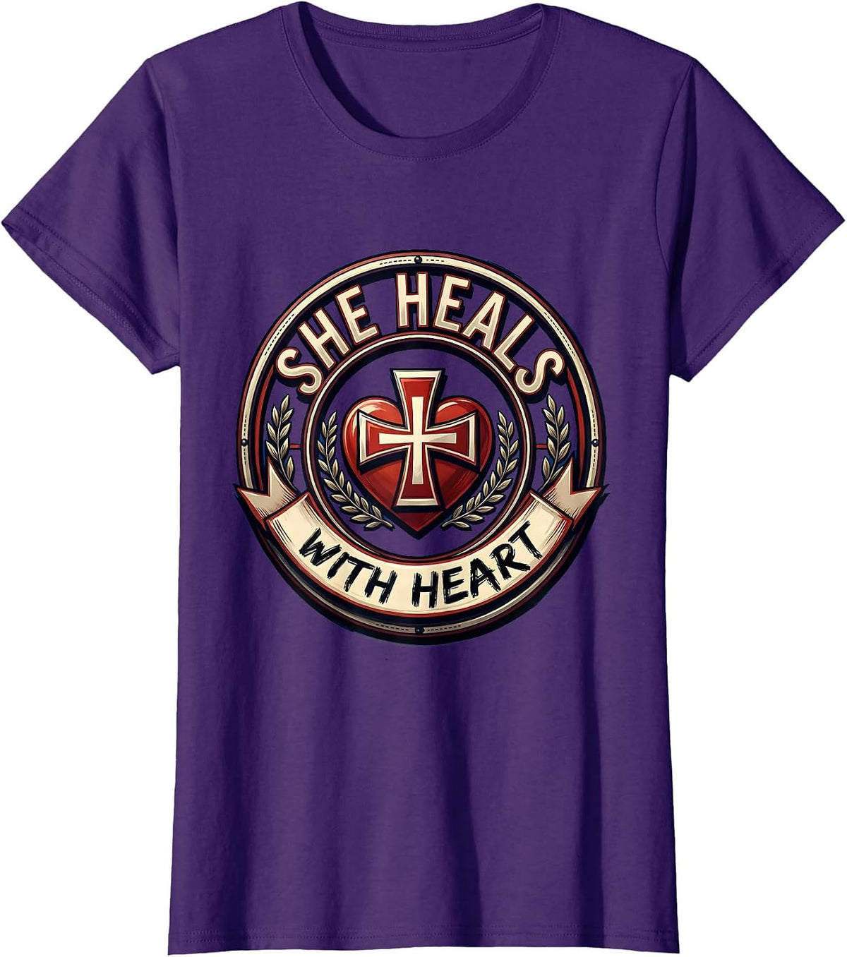 Women's She Heals With Heart Nurse Graphic Design T-Shirt - Purple