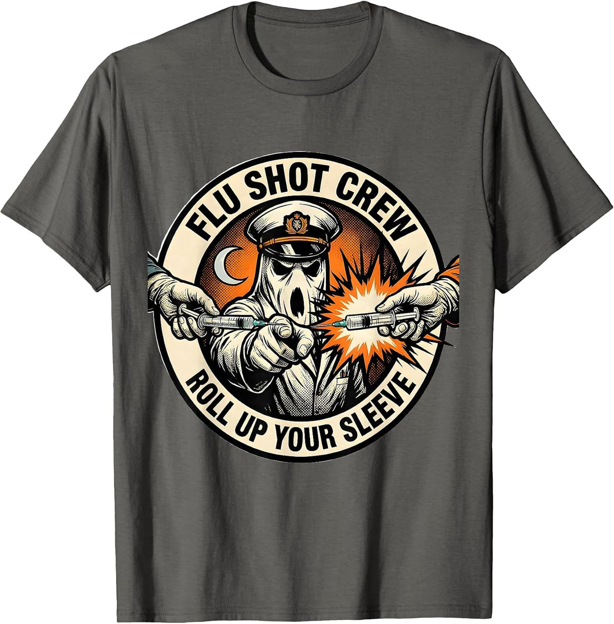 Men's Flu Shot Crew Roll Up Your Sleeve Funny Nurse Ghost T-Shirt - Asphalt Grey