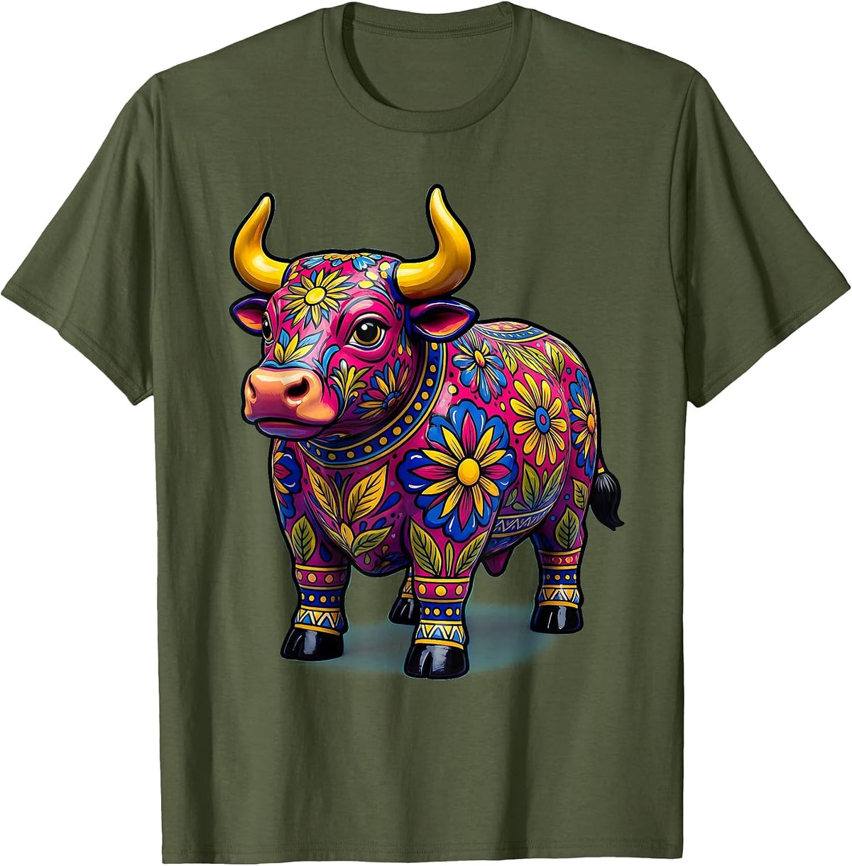 Mexican Talavera Bull Painted Floral Art Design T-Shirt - Olive Green