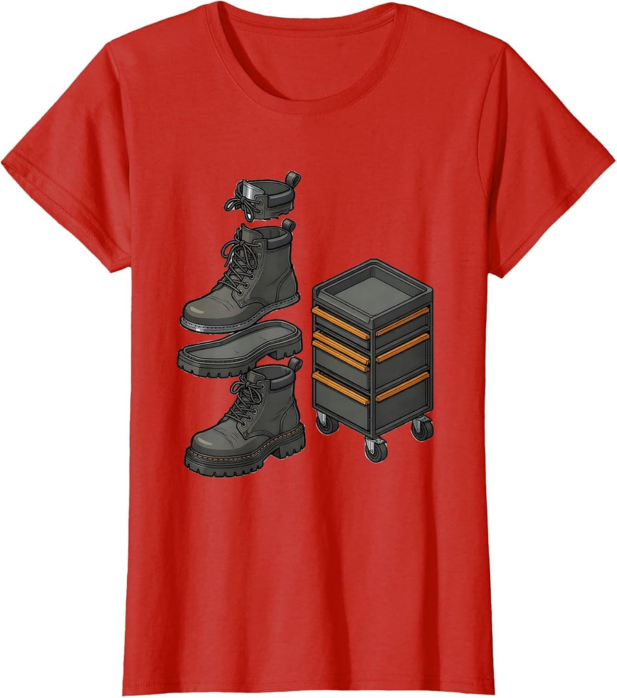 Women's Mechanic Boots and Rolling Toolbox Illustration T-Shirt - Red