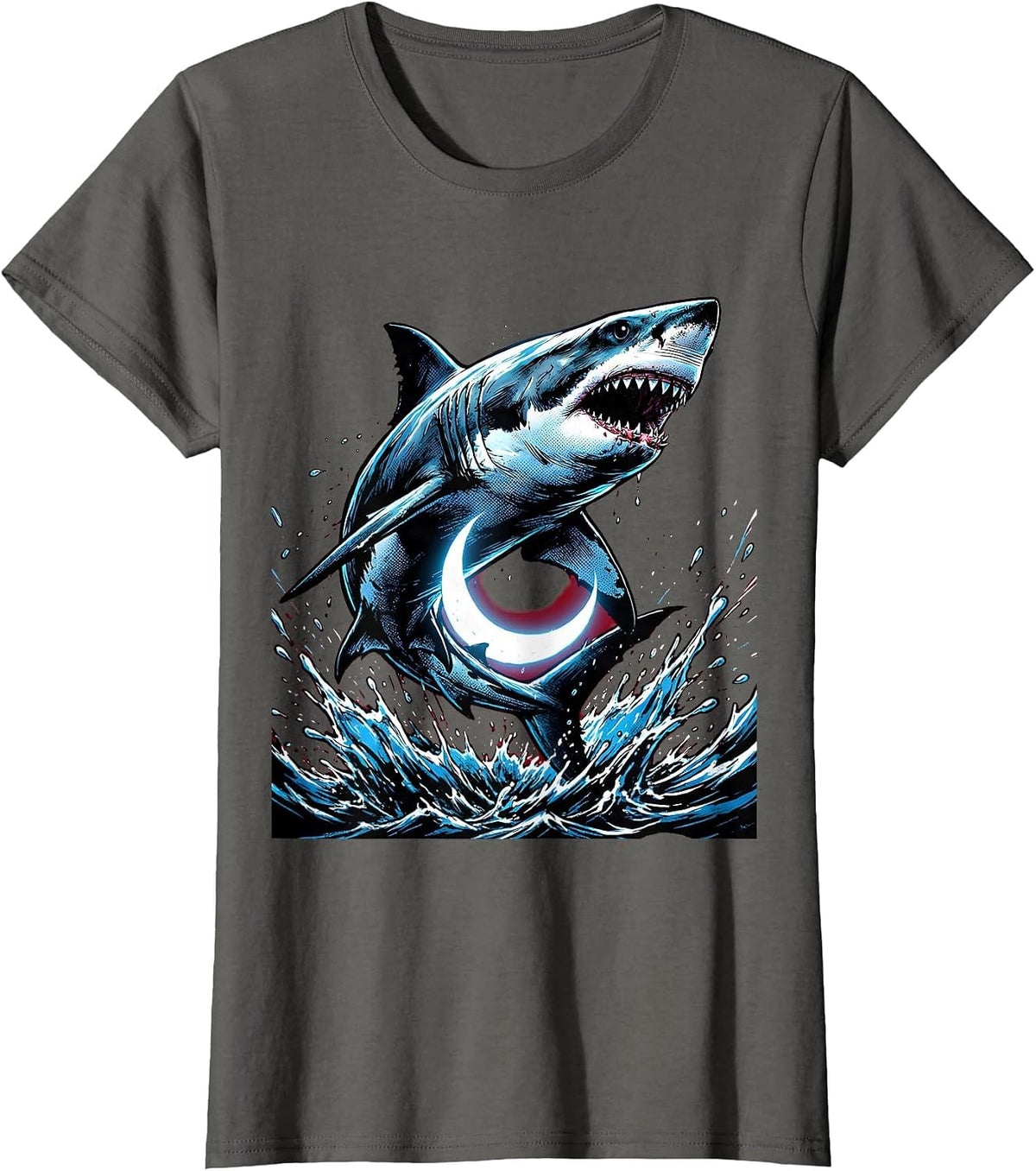 Women's Shark Leaping Over Crescent Moon Graphic T-Shirt - Asphalt Grey