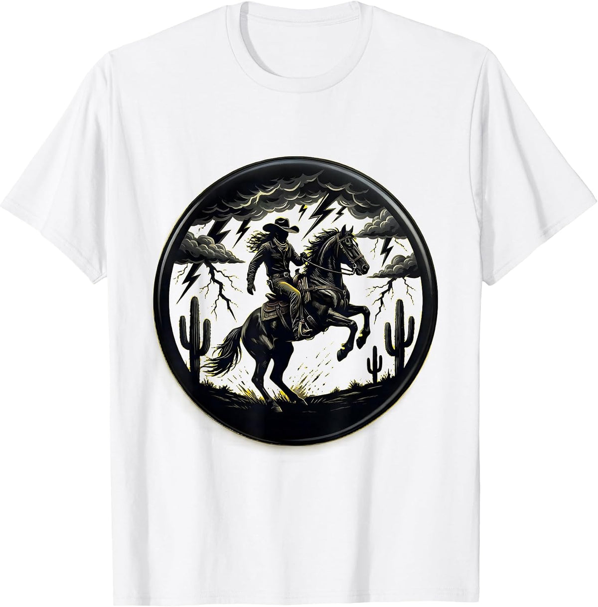 Men's Cowgirl Rearing Horse Thunderstorm Western Art T-Shirt - White