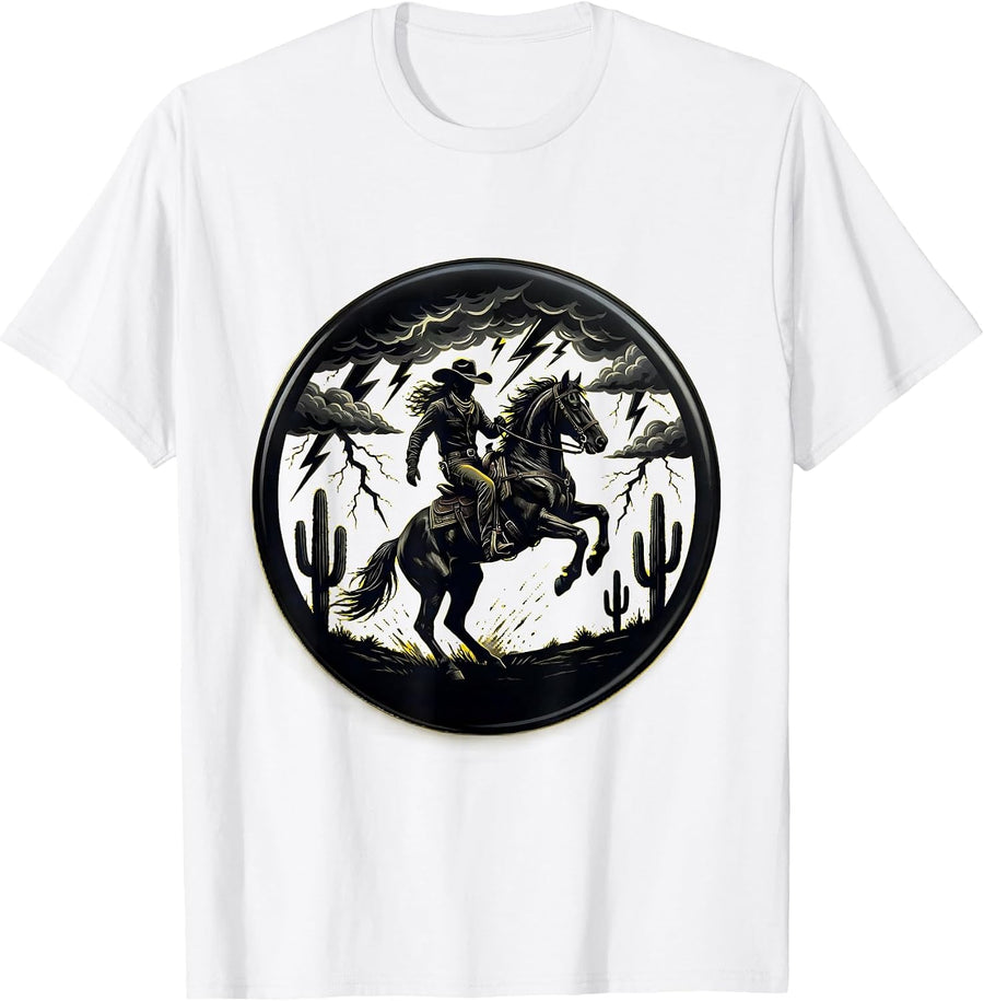 Men's Cowgirl Rearing Horse Thunderstorm Western Art T-Shirt - White