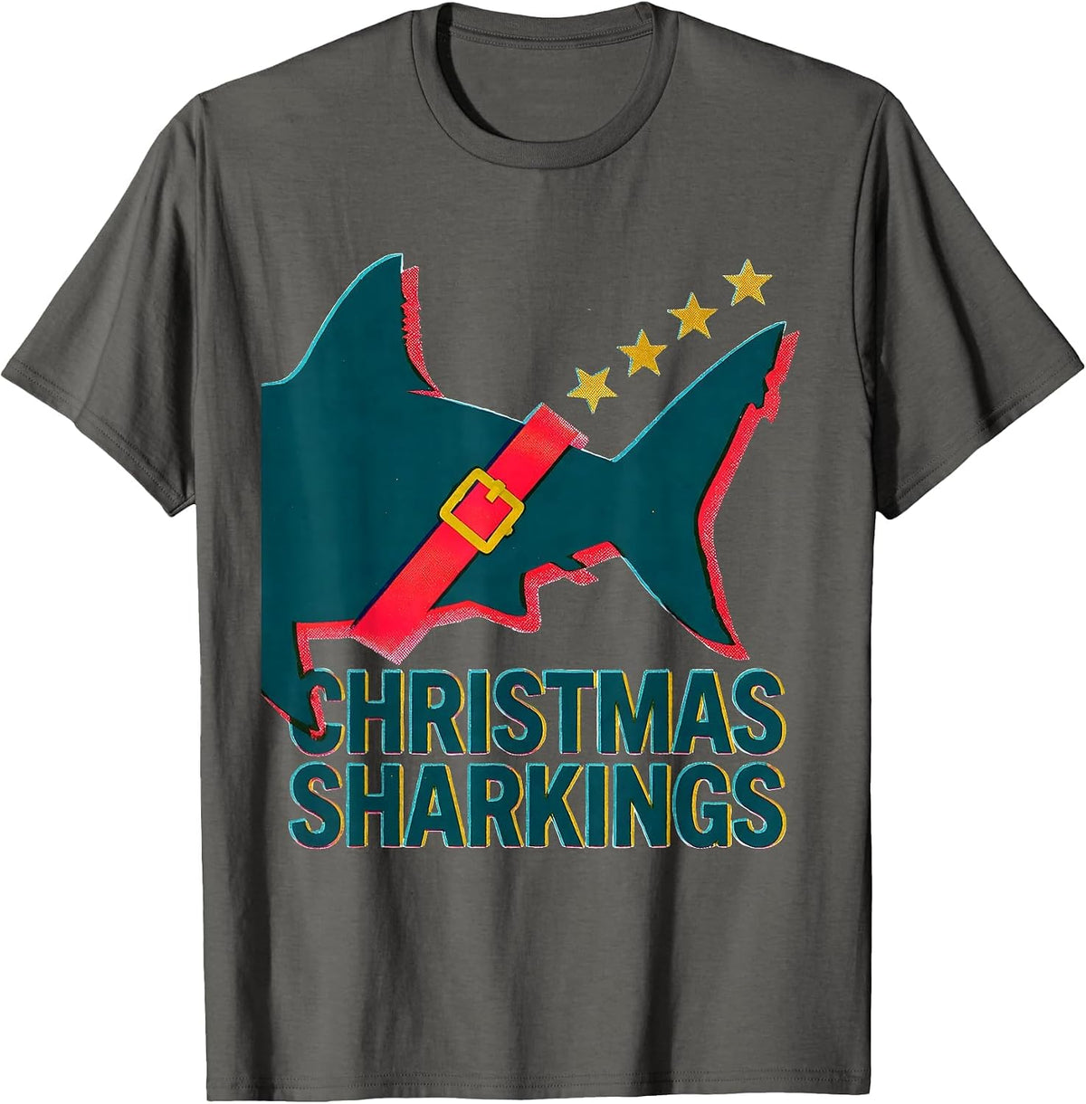 Men's Christmas Sharkings Risograph Shark Lover Funny Christmas T-Shirt - Asphalt Grey