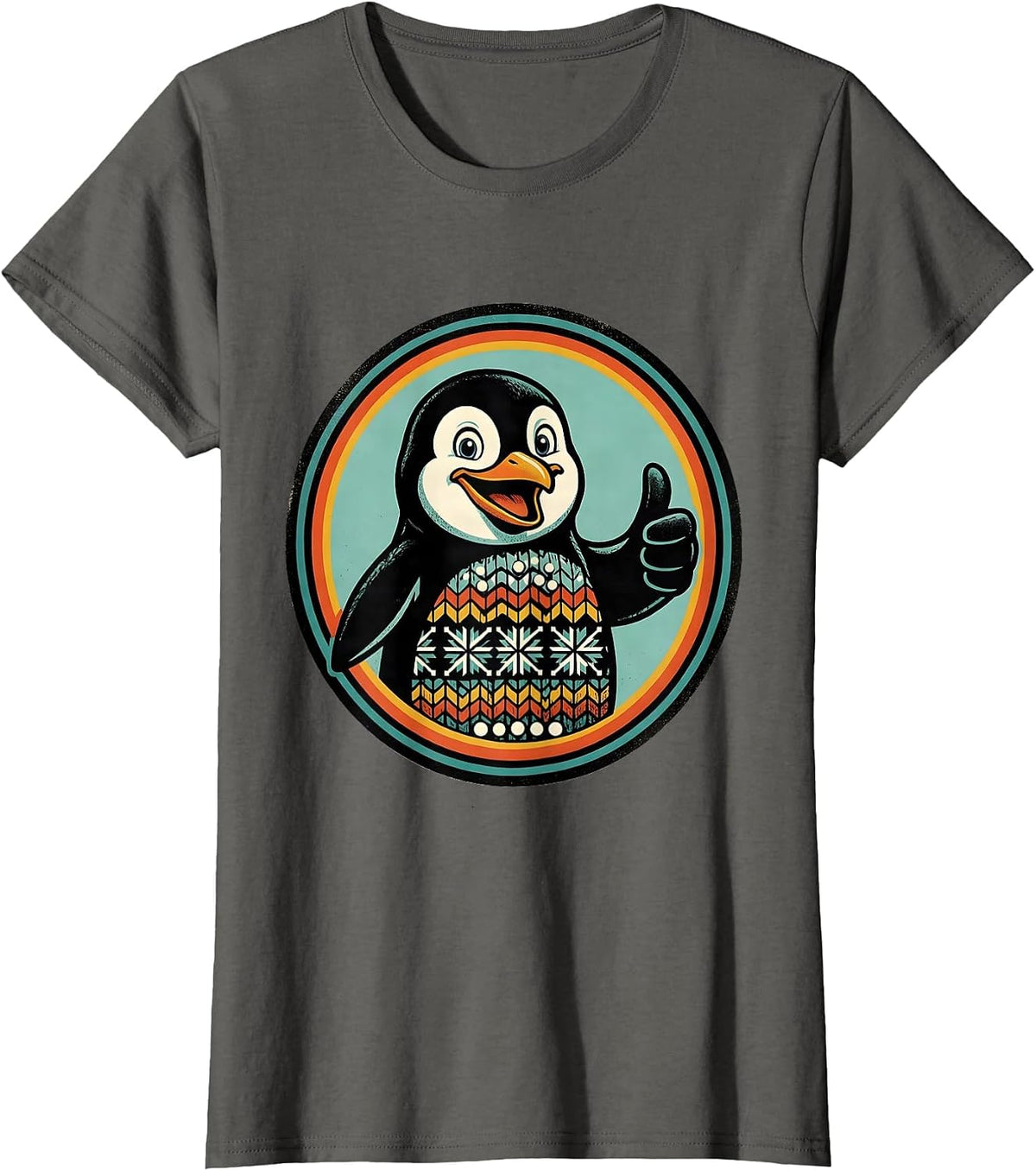 Women's Penguin Mascot Badge Retro Advertising Ugly Christmas T-Shirt - Asphalt Grey