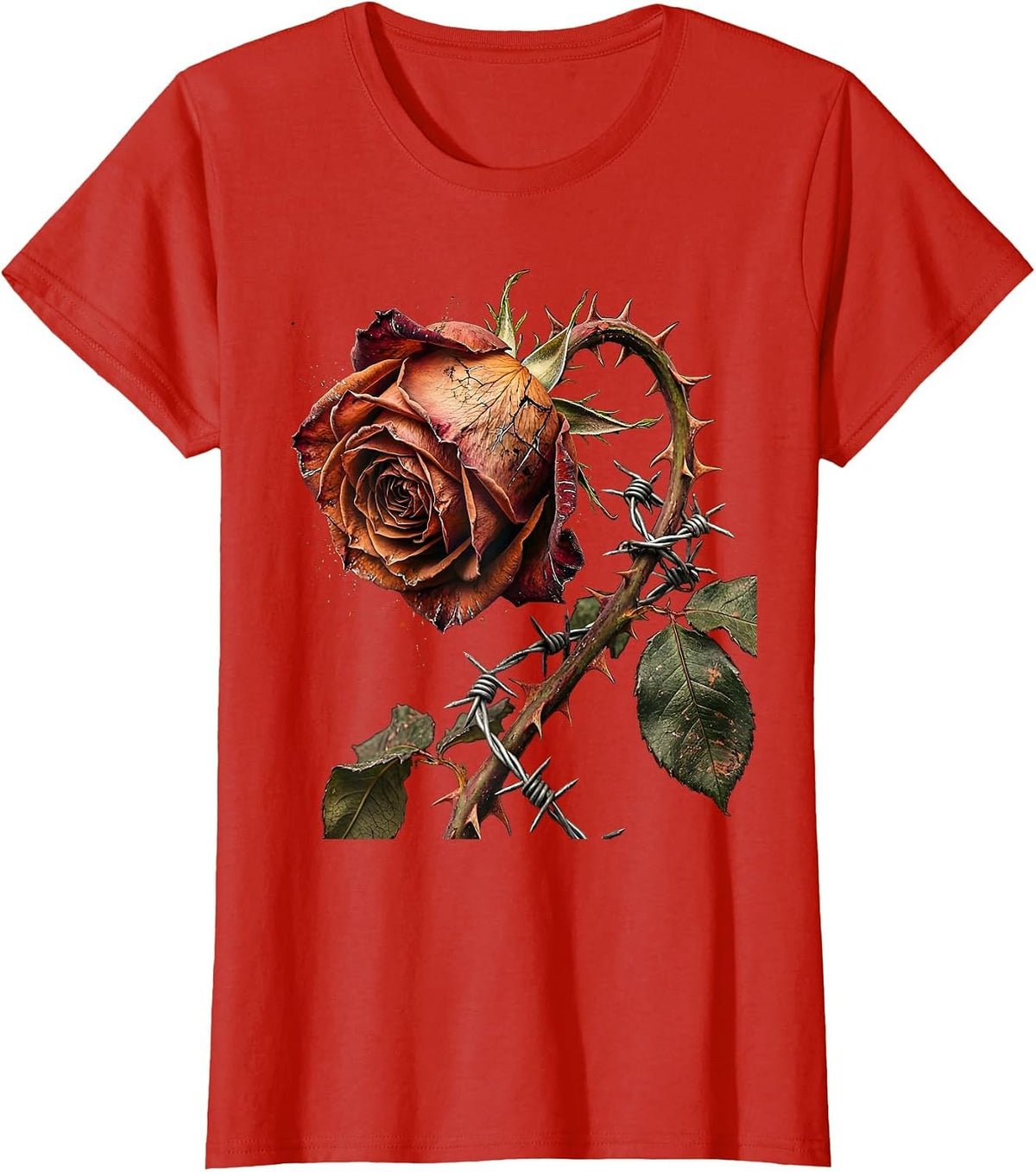 Barbed Wire Rose Punk Gothic Graphic Design T-Shirt - Red