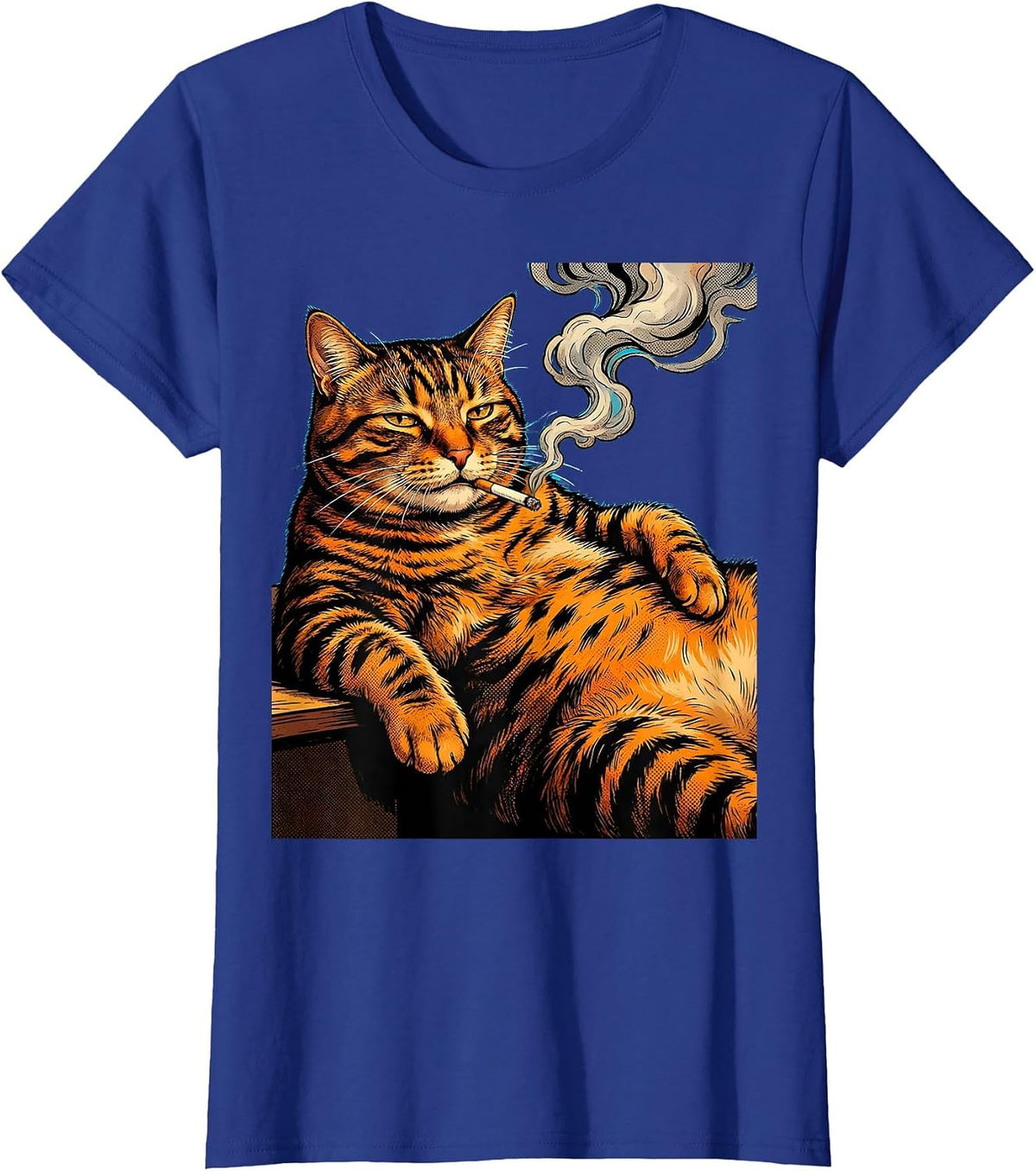 Women's Fat Tabby Cat Lounging With Cigarette Graphic T-Shirt - Royal Blue