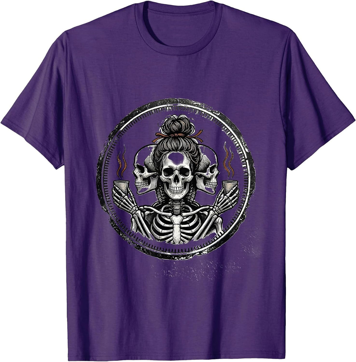 Messy Bun Skeleton Coffee Rubber Stamp Humor T-Shirt - Purple