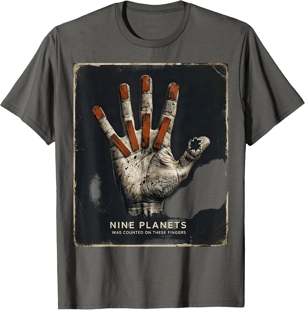 Nine Planets Was Counted On These Fingers Retro Astronomy T-Shirt - Asphalt Grey