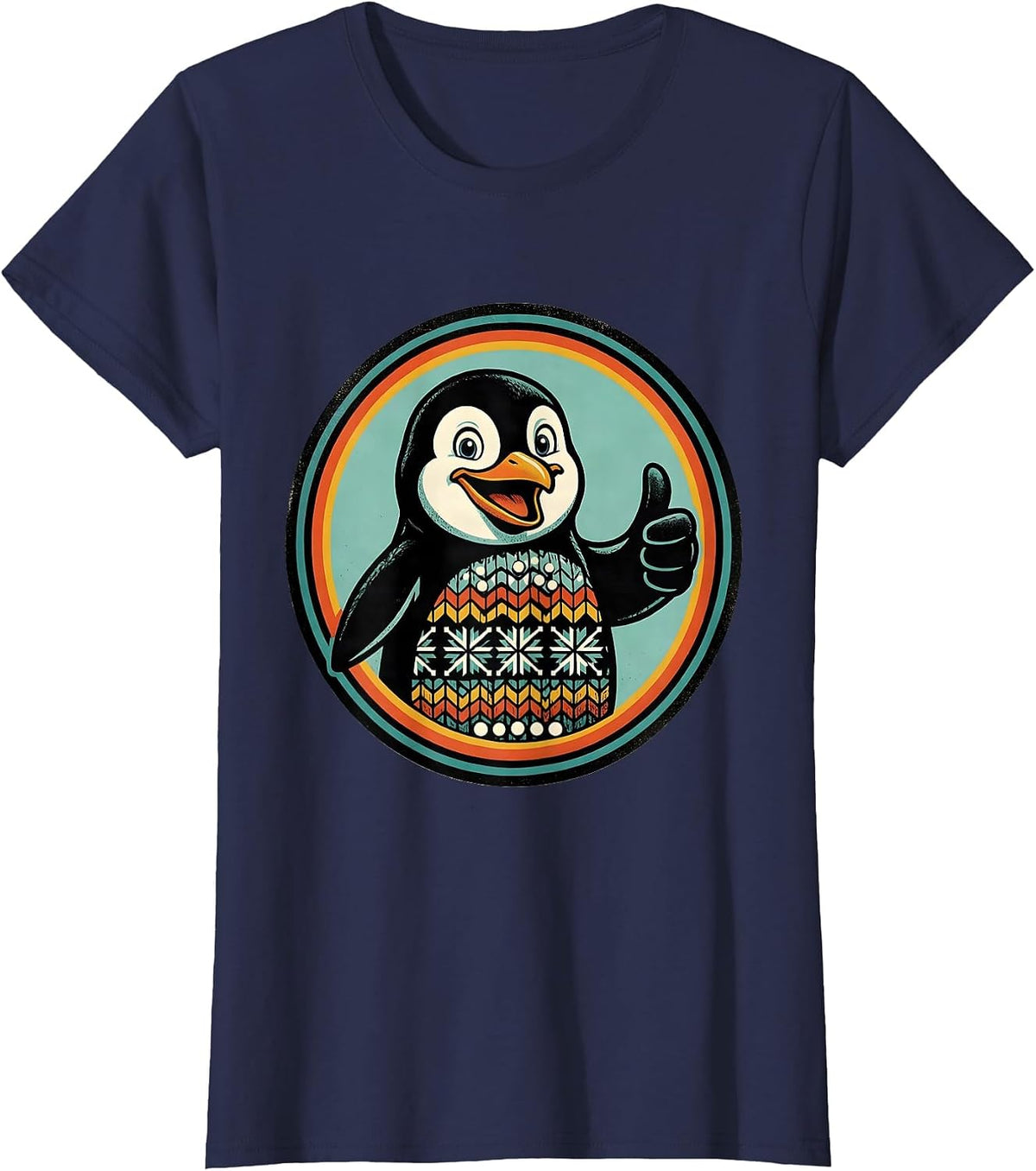 Women's Penguin Mascot Badge Retro Advertising Ugly Christmas T-Shirt - Navy Blue