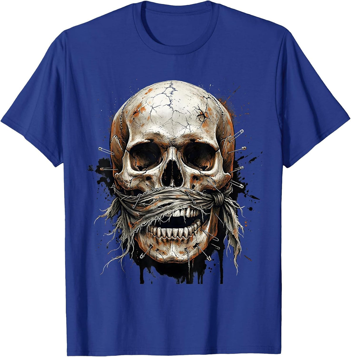 Grunge Skull Torn Bandana Safety Pins Design T-Shirt - Royal Blue