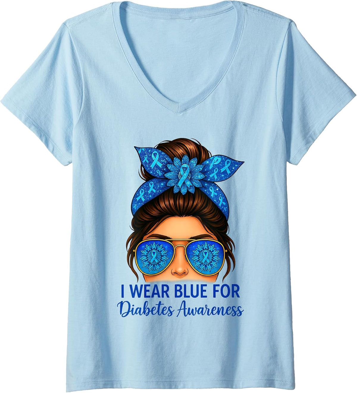 Women's I Wear Blues for Diabetes Awareness Blue Ribbon Messy Bun V-Neck T-Shirt - Baby Blue