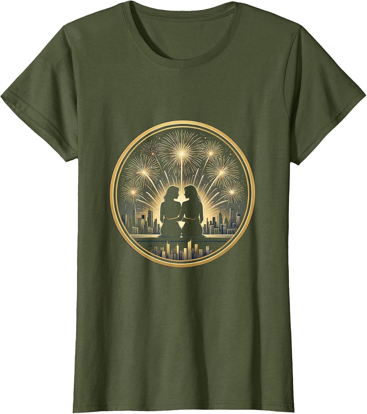 Women's Rooftop Fireworks Night Lesbian Couple Design T-Shirt - Olive Green