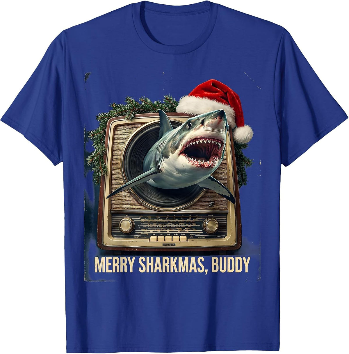 Merry Sharkmas, Buddy Vintage Shark Christmas Pun Humor T-Shirt - Royal Blue