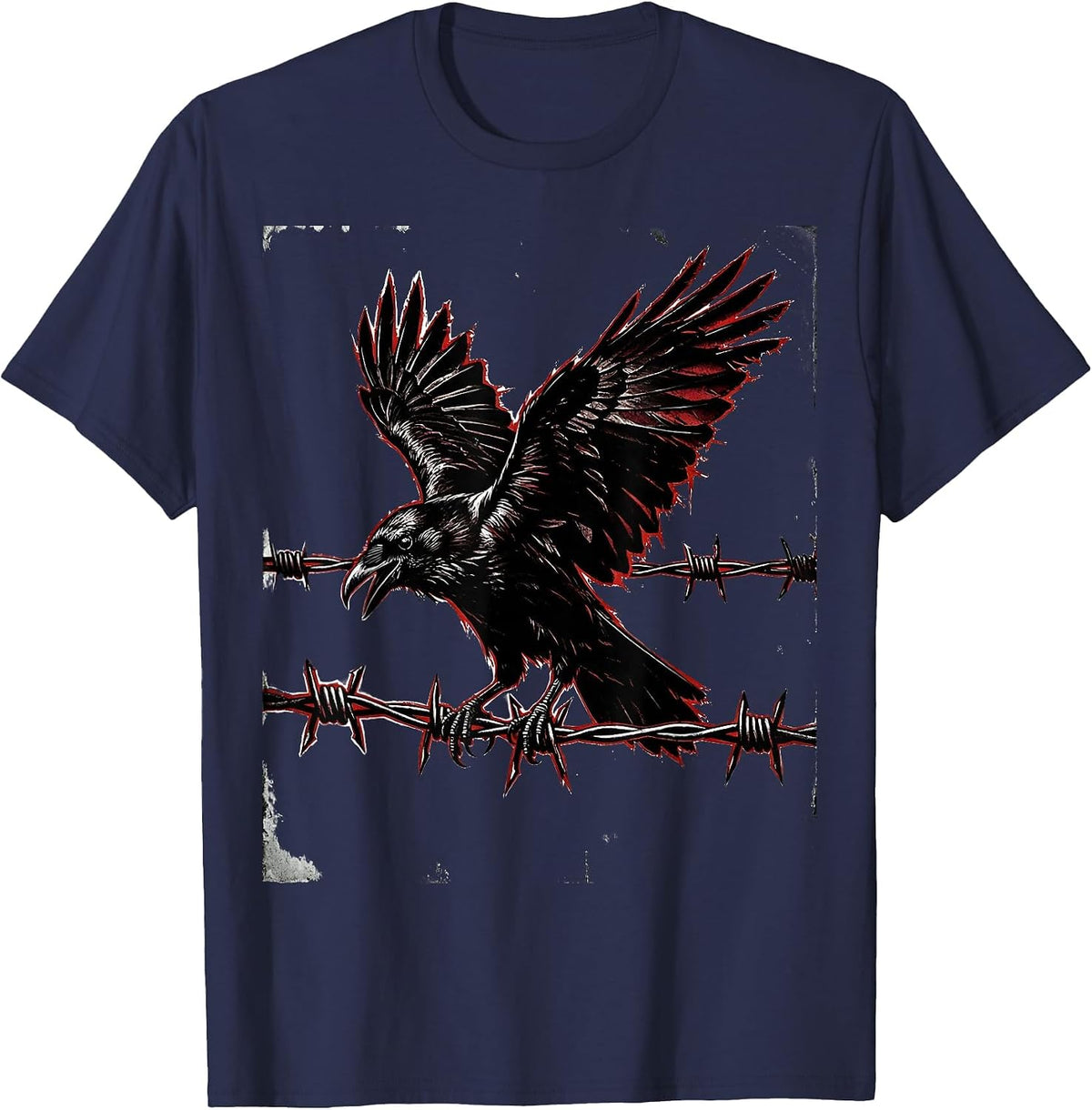 Punk Rock Crow on Barbed Wire Illustration T-Shirt - Navy Blue