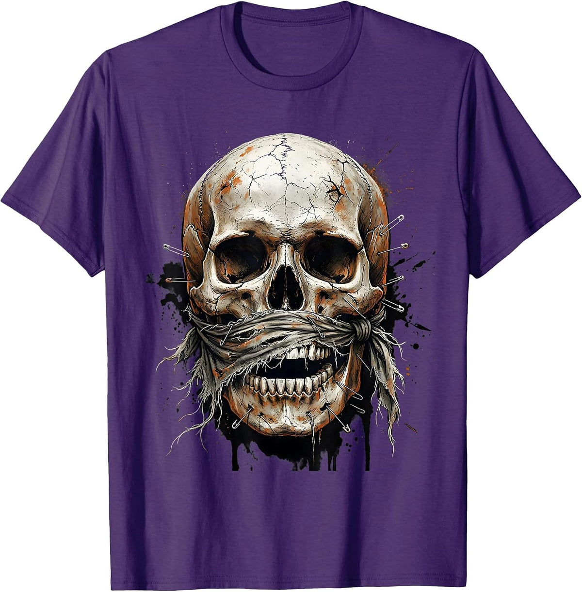 Grunge Skull Torn Bandana Safety Pins Design T-Shirt - Purple