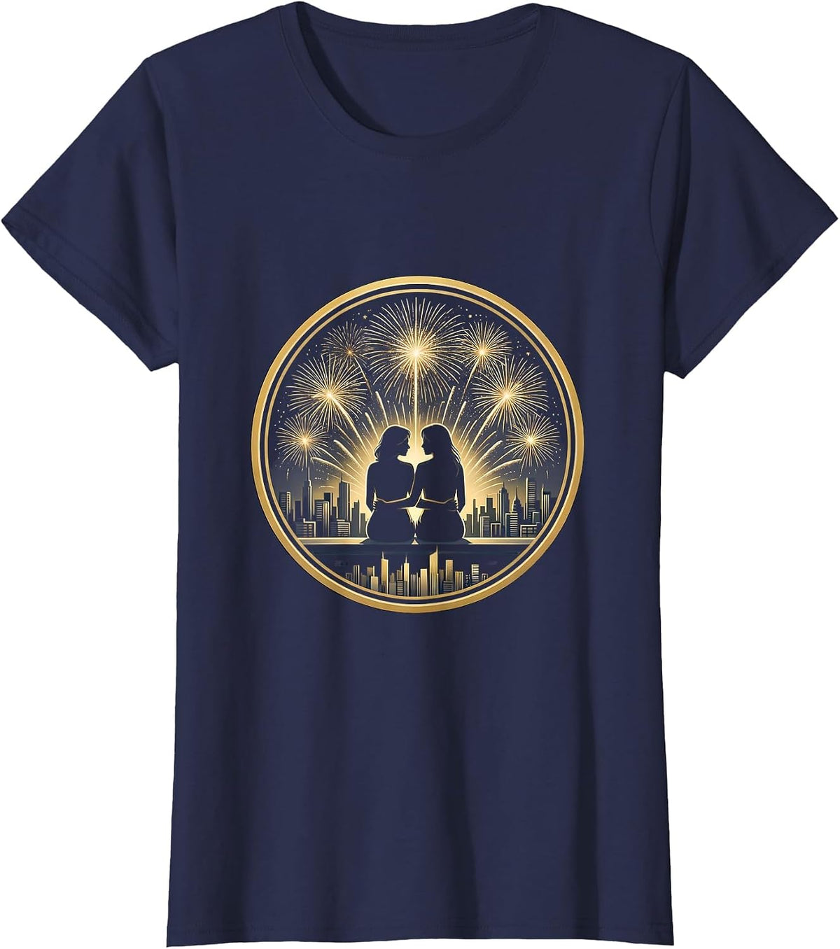 Women's Rooftop Fireworks Night Lesbian Couple Design T-Shirt - Navy Blue