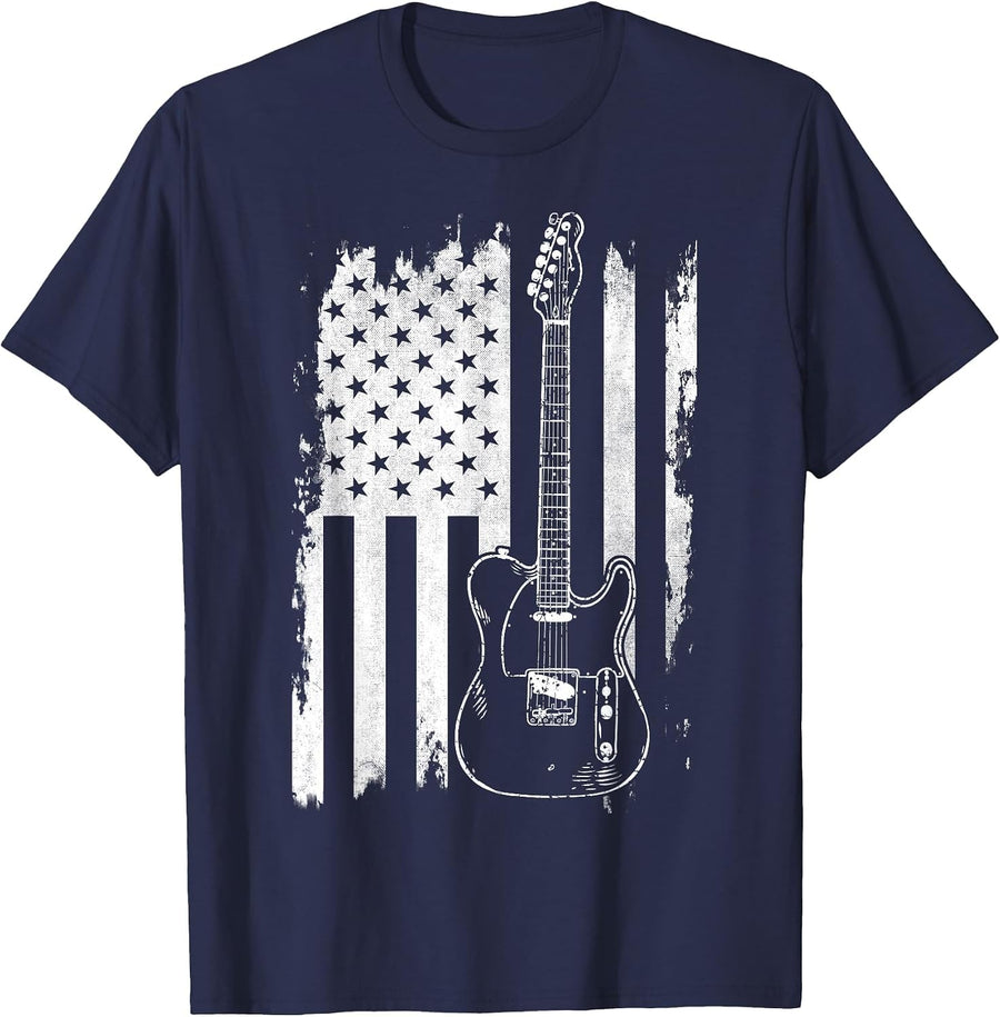 Lets Rock Rock n Roll Guitar Retro USA Flag Music T-Shirt - Navy Blue