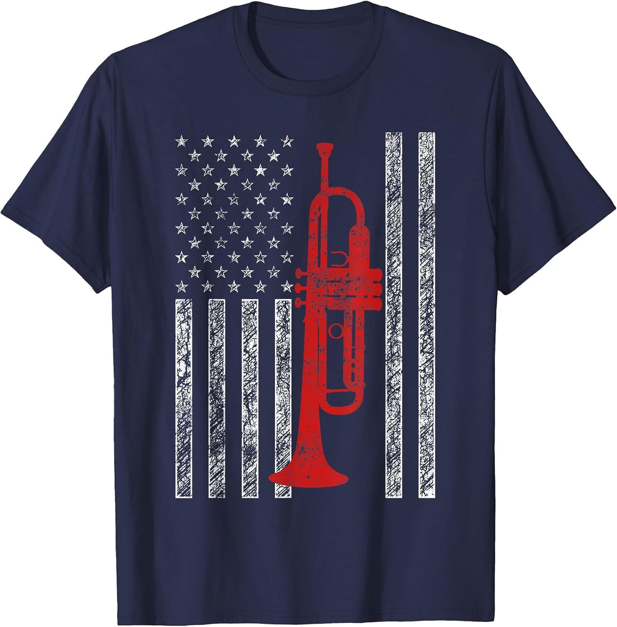 Trumpet USA American Flag Funny Jazz Music Vintage Trumpeter T-Shirt - Navy Blue