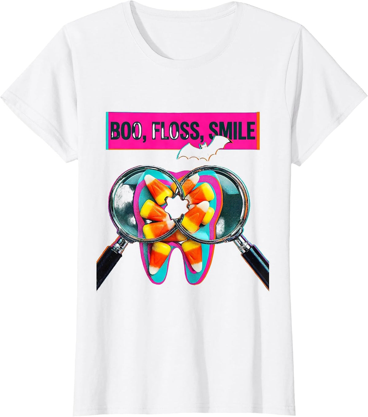 Women's Boo Floss Smile Risograph Dental Hygienist Halloween Humor T-Shirt - White