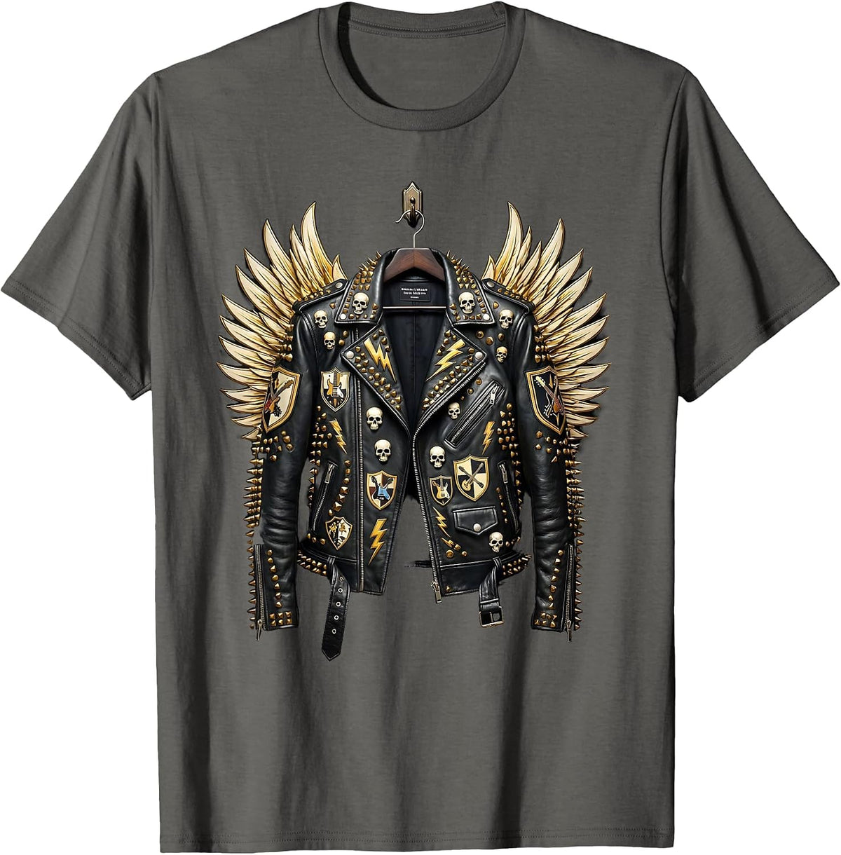 Rock Leather Jacket Patches and Pins Graphic T-Shirt - Asphalt Grey