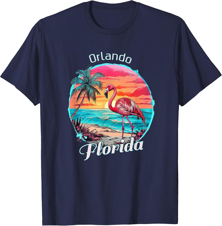 Orlando Florida Beach Flamingo Tropical Souvenir T-Shirt - Navy Blue