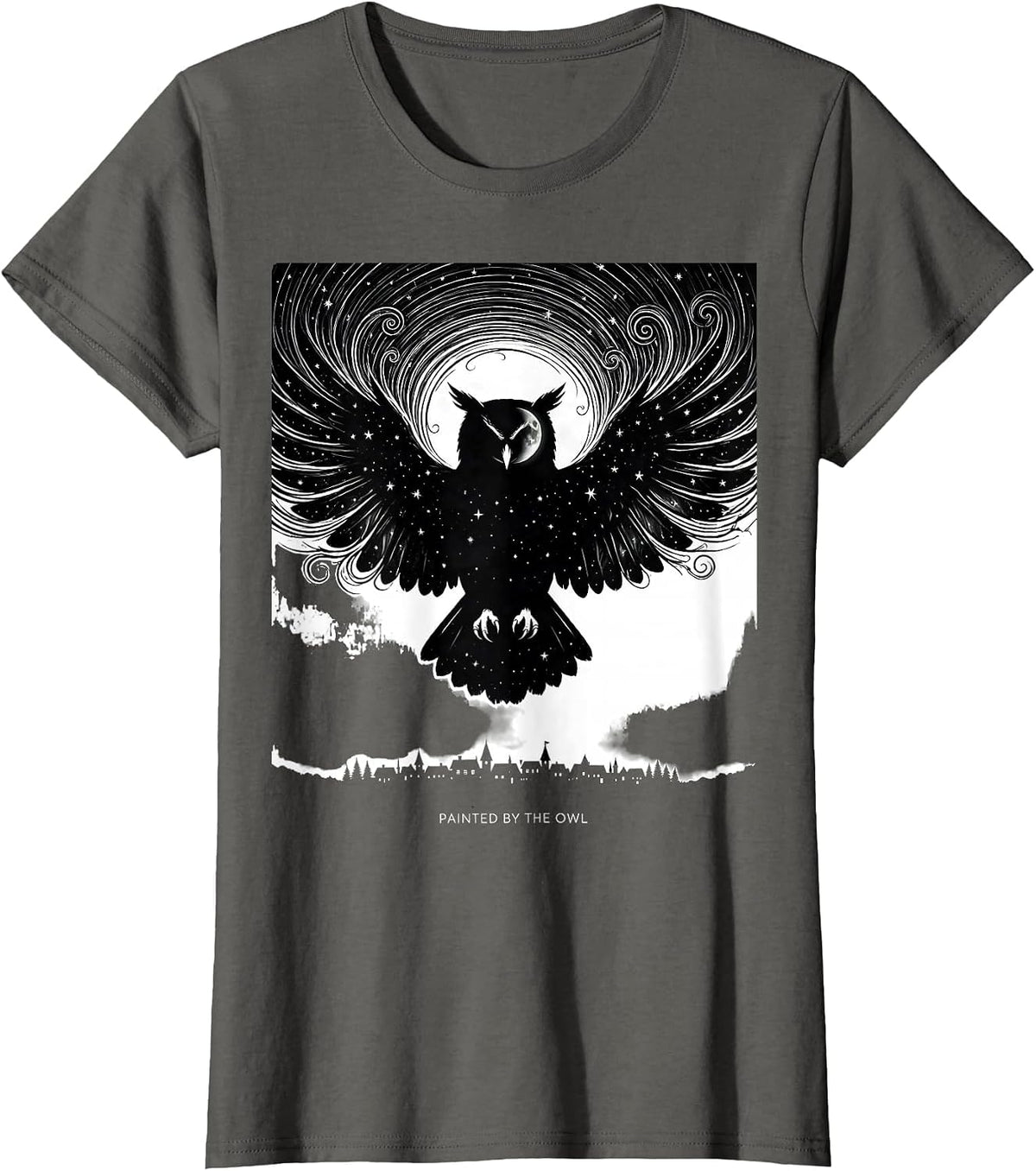 Women's Painted By The Owl Whimsical Van Gogh Cat Lover Silhouette T-Shirt - Asphalt Grey