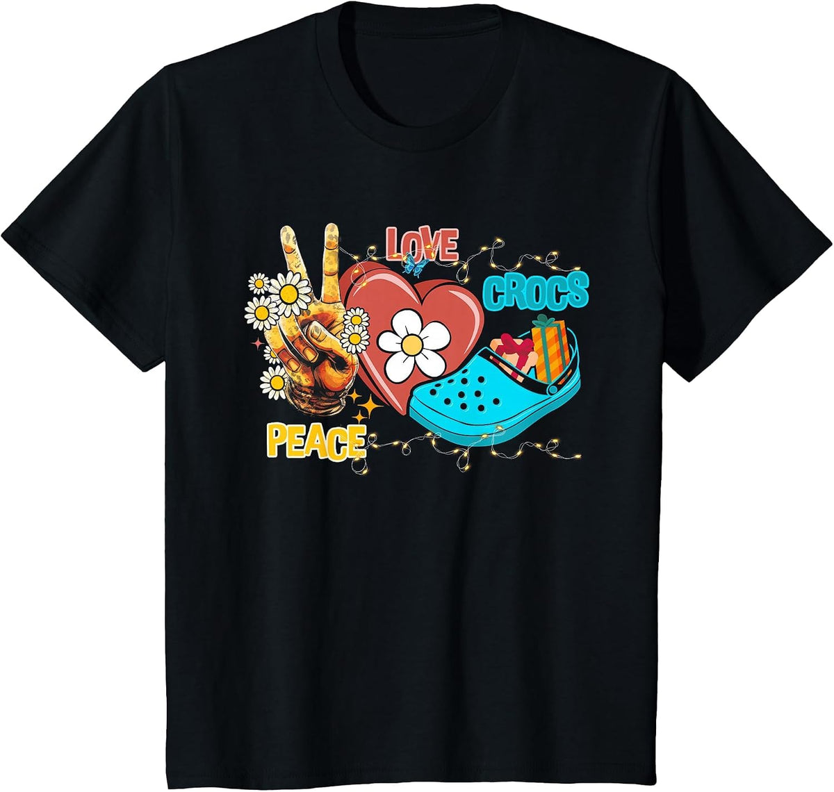 Skeleton Hand Peace Love-Crocs Family Xmas Pyjama Halloween T-Shirt - Black