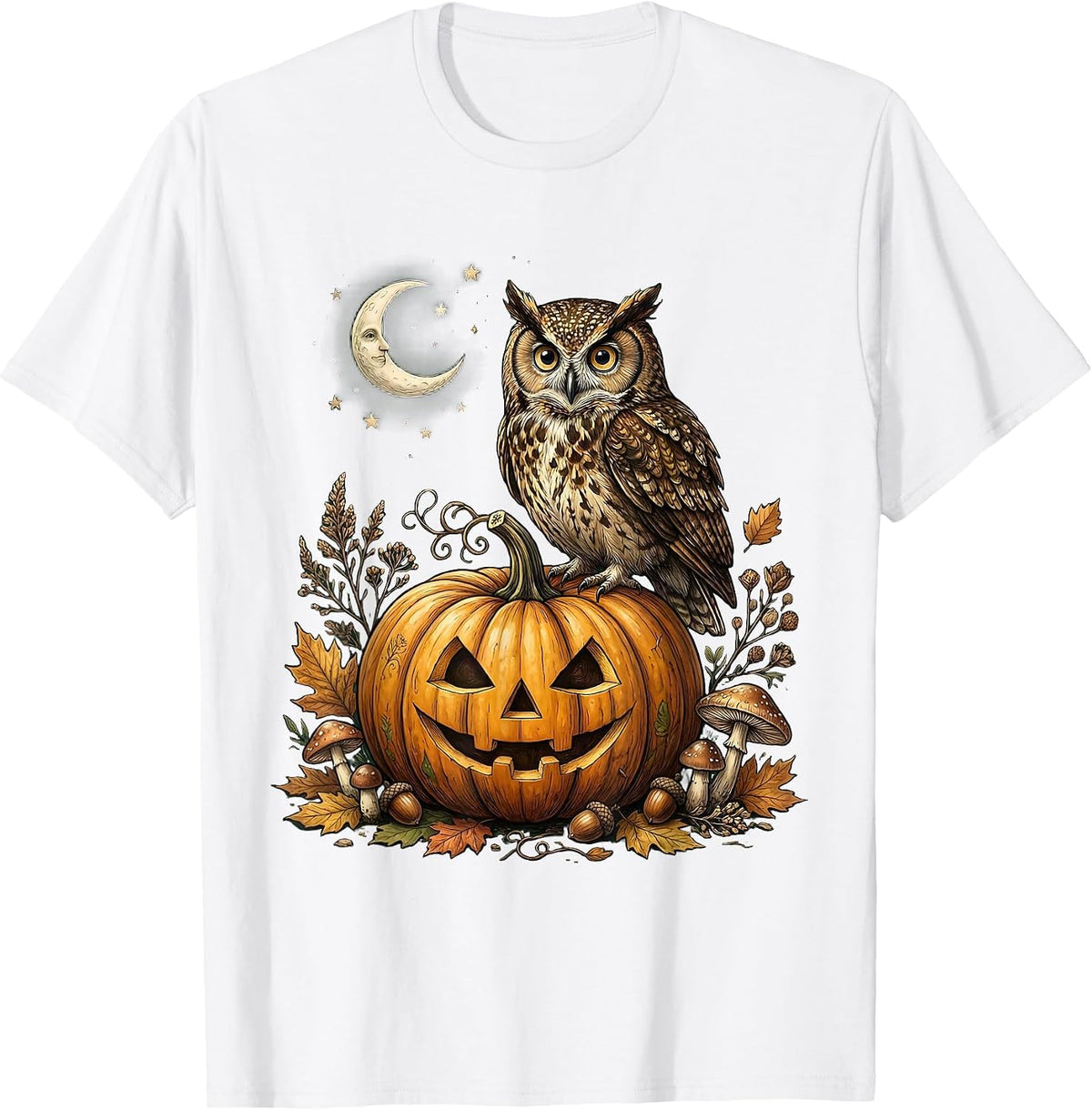 Owl on Glowing Pumpkin Halloween Illustration T-Shirt - White