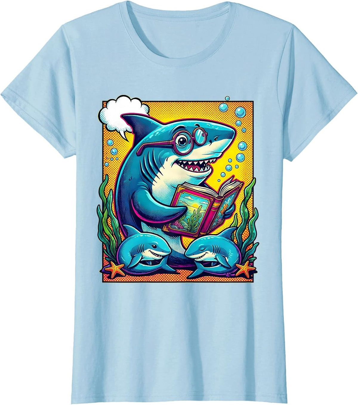 Mommy Shark Bedtime Story Underwater Scene T-Shirt - Baby Blue