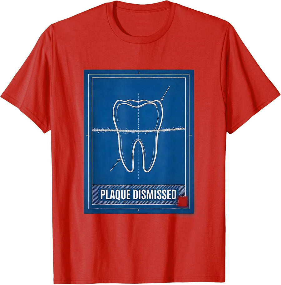 Men's Plaque Dismissed Technical Blueprint Dental Hygienist Humor T-Shirt - Red