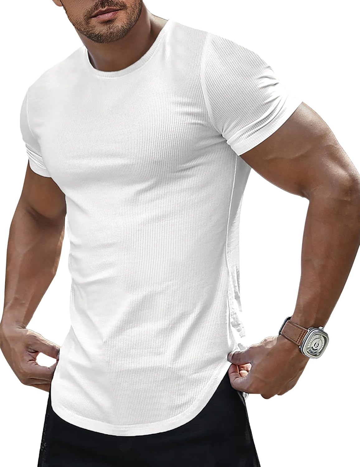 Mens Slim Fit Muscle Stretch Crewneck T-Shirt Summer Athlelic Shirts Longline Short Sleeve Tees Shirts - A White