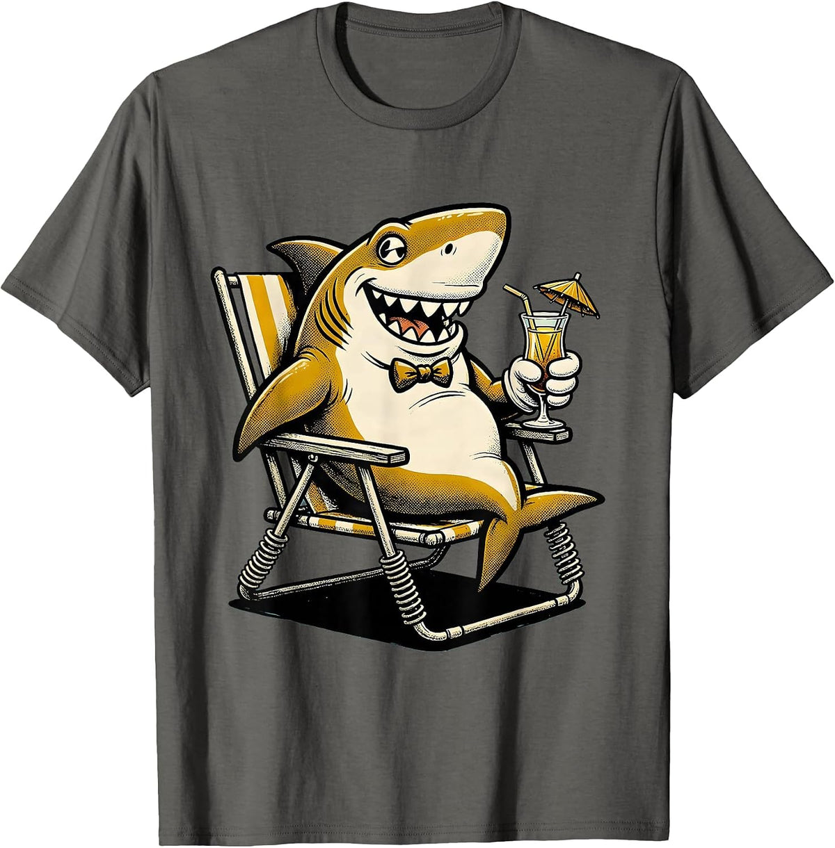 Shark Relaxing in Lawn Chair with Tropical Drink T-Shirt - Asphalt Grey