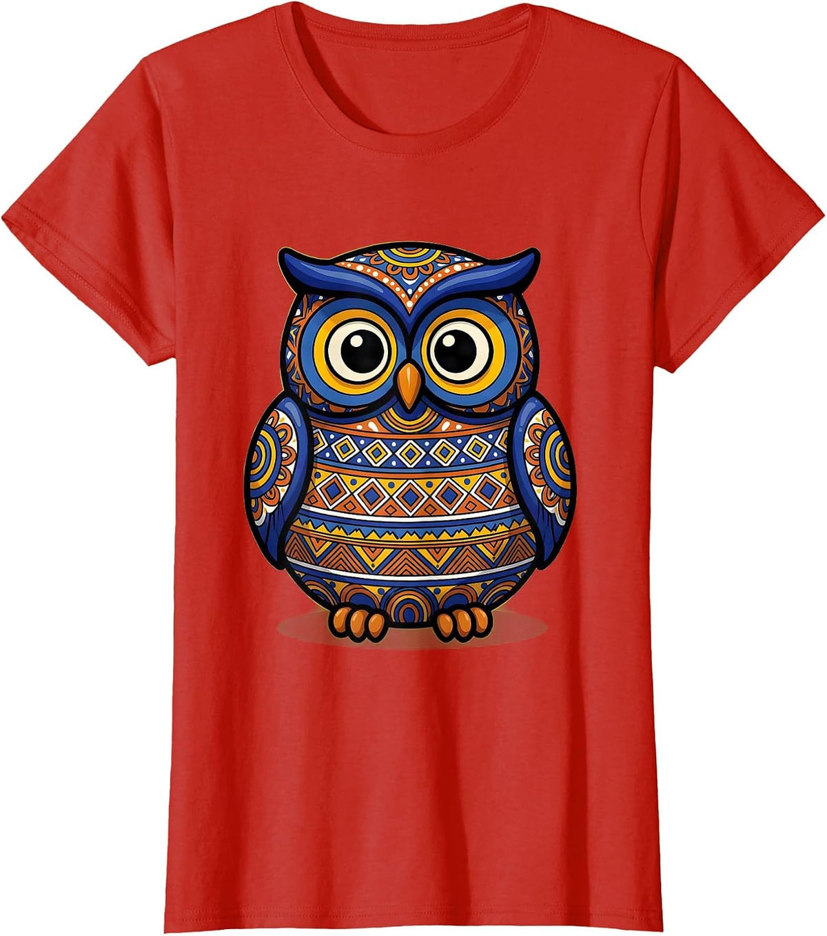 Mexican Ceramic Owl Hand Painted Folk Art Design T-Shirt - Red