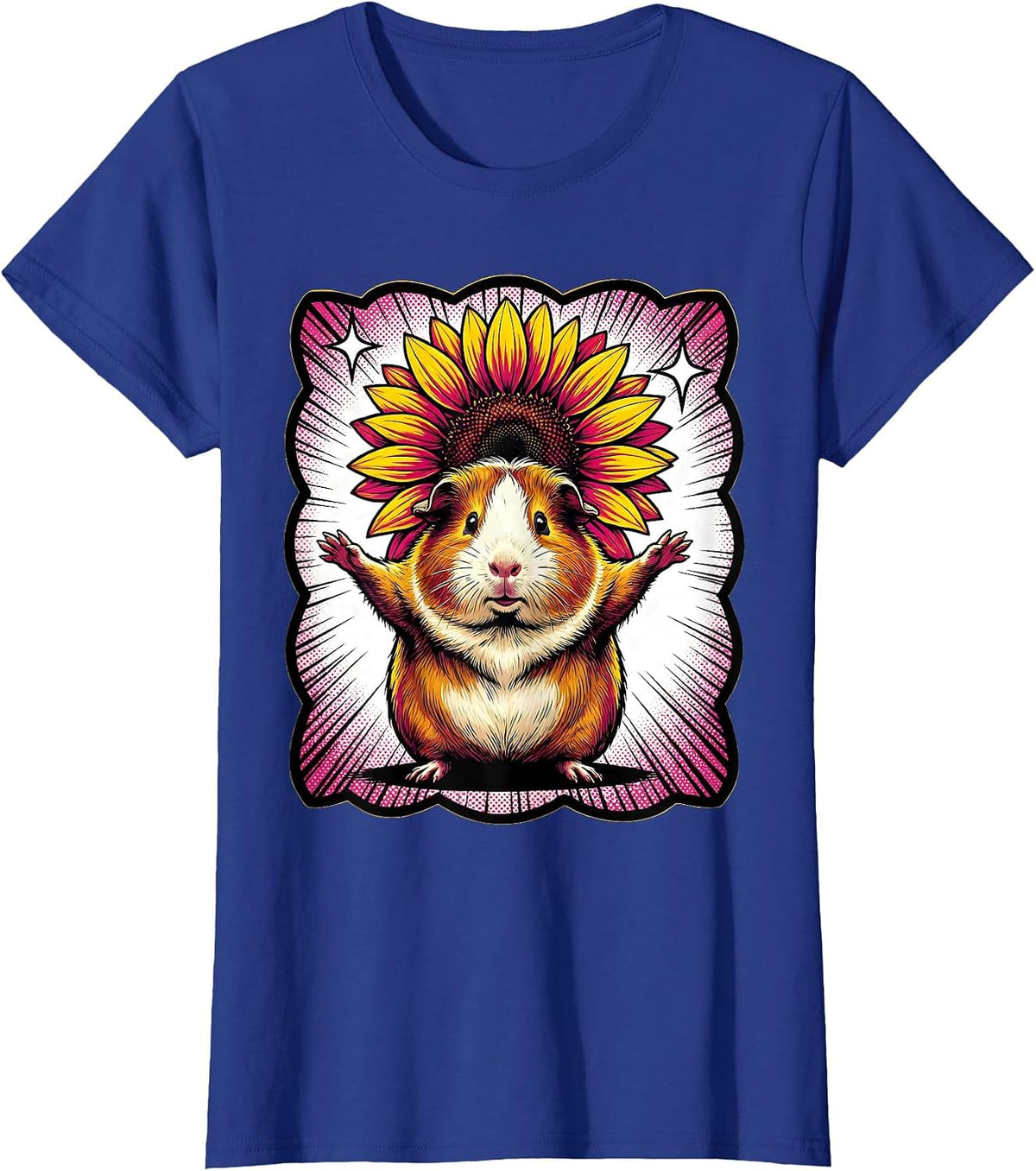 Women's Plump Guinea Pig Sunflower Pop Art Animal Lover Novelty T-Shirt - Royal Blue