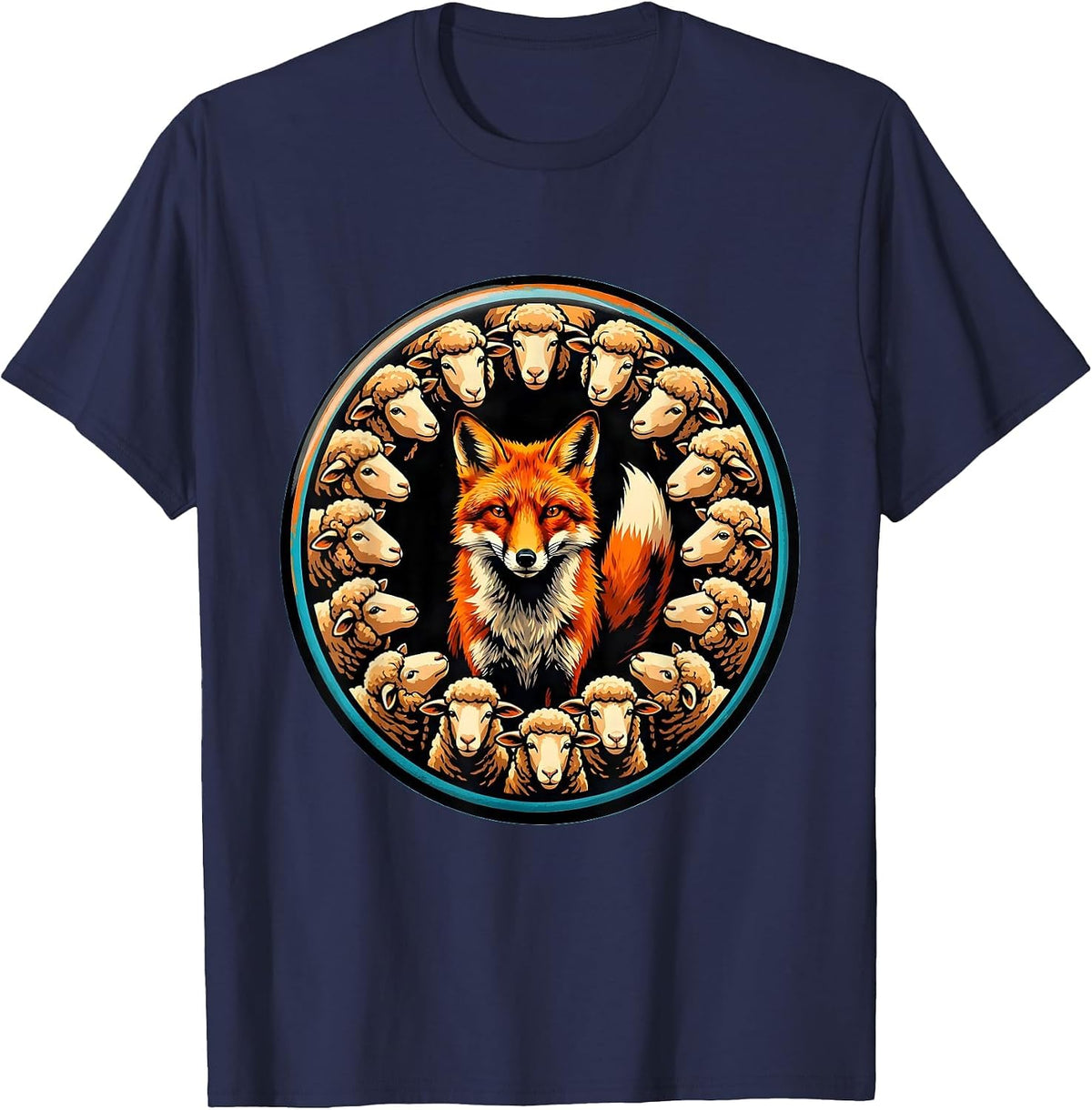 Lone Fox in a Crowd of Sheep Illustration T-Shirt - Navy Blue