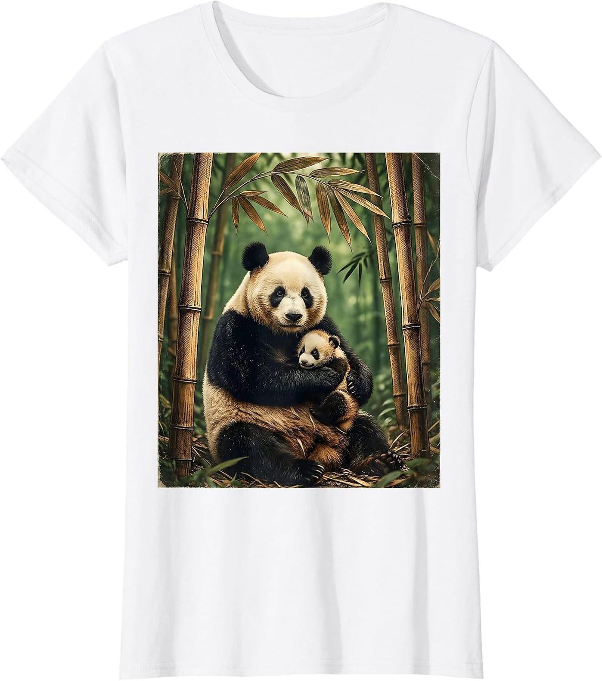 Mama Panda and Cub in Bamboo Grove Design T-Shirt - White