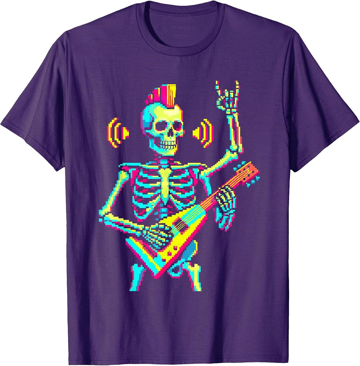 Punk Skeleton Pixel Art Rock Fan Halloween Costume T-Shirt - Purple
