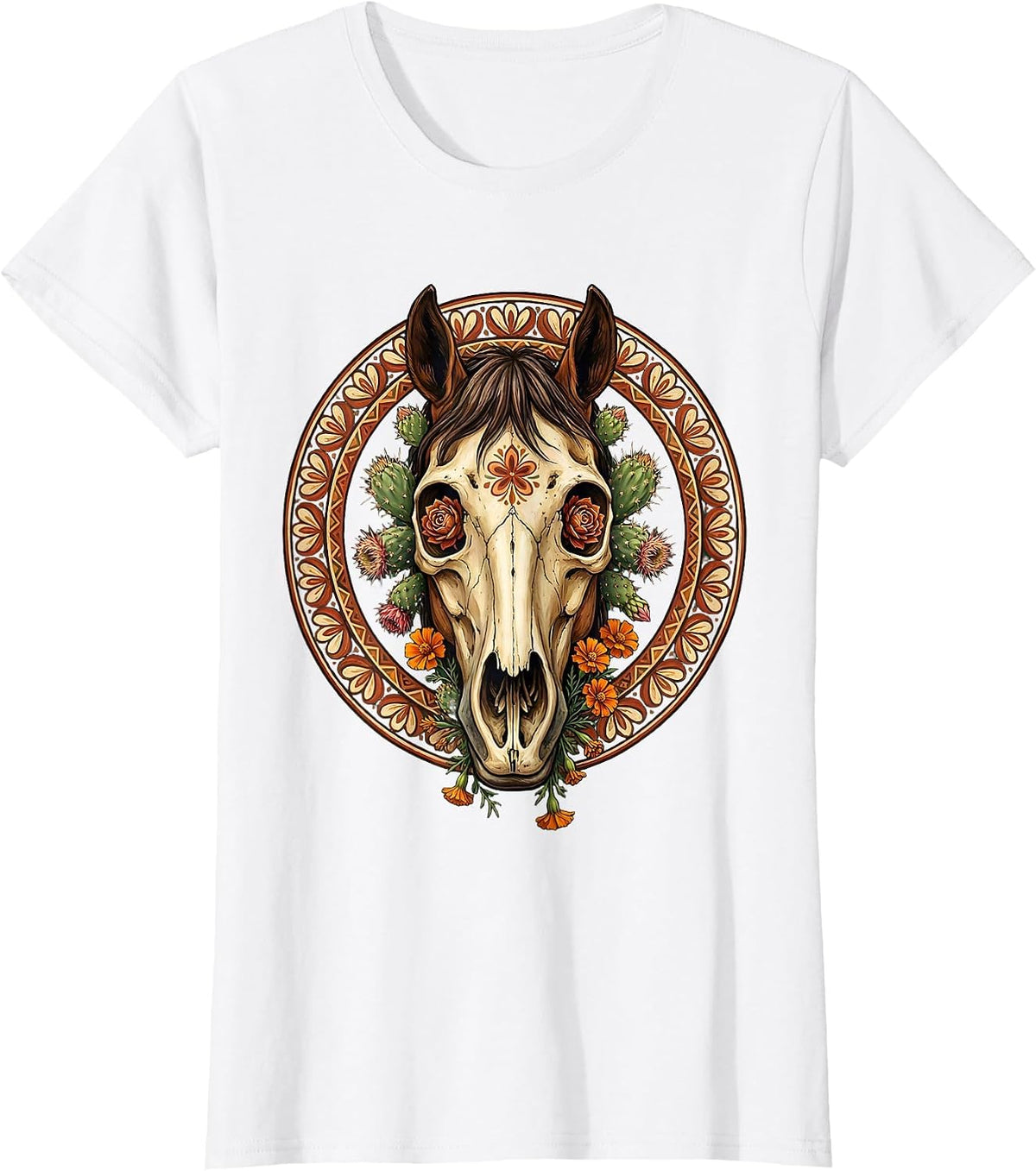 Women's Horse Skull Desert Flowers Cowgirl Graphic T-Shirt - White