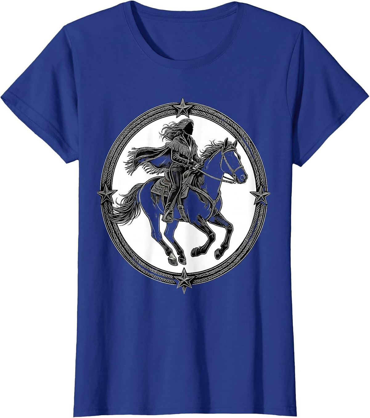 Women's Bareback Rider Fringe Jacket Rodeo Graphic T-Shirt - Royal Blue