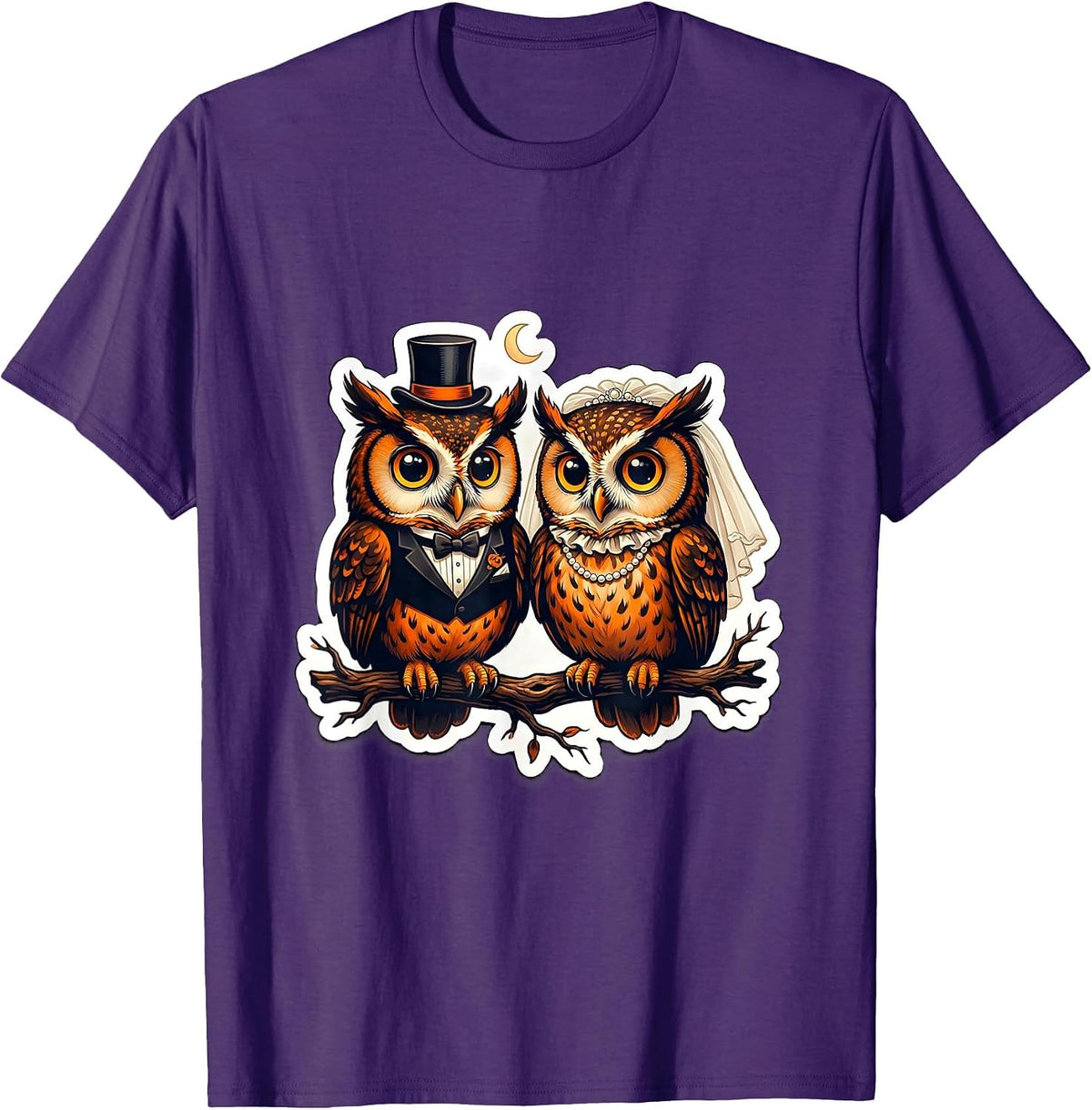 Halloween Couple Owl Bride and Groom Wedding Design T-Shirt - Purple