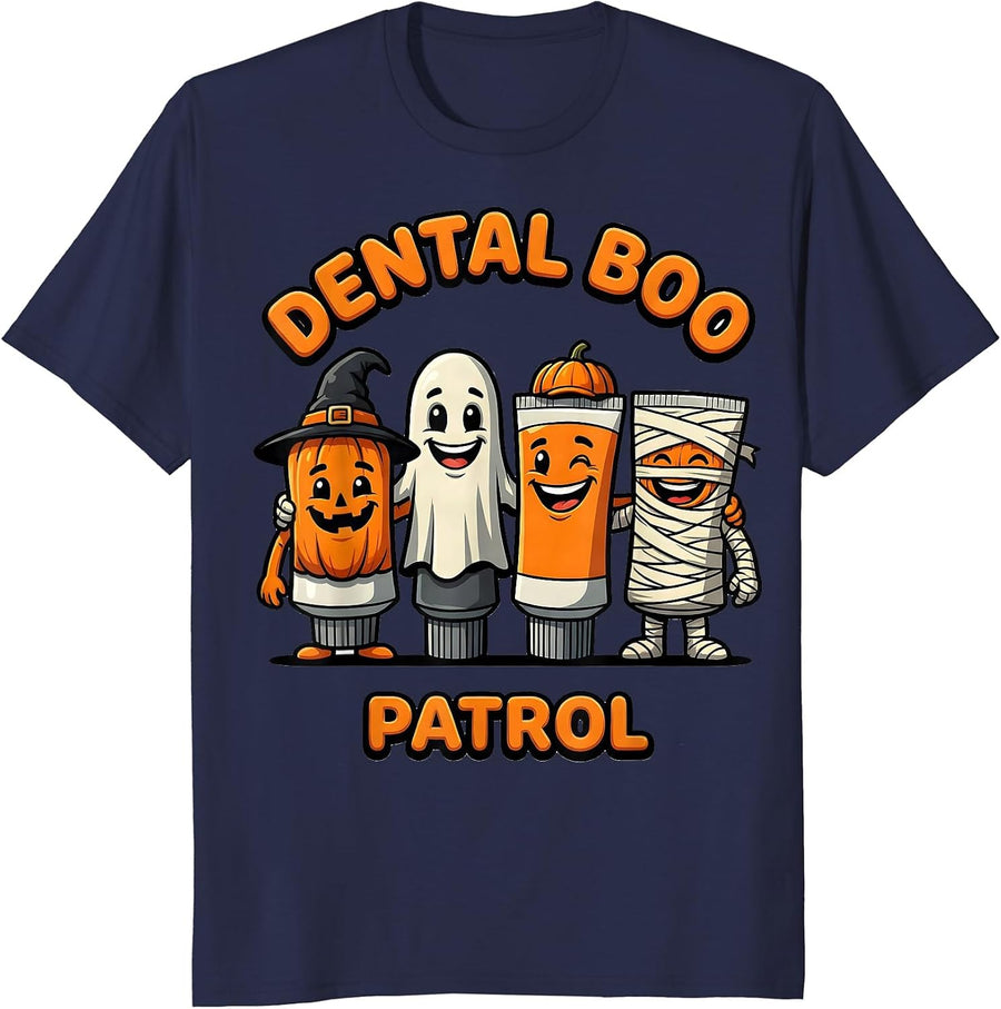 Dental Boo Patrol Cartoon Halloween Dentist Dental Hygienist T-Shirt - Navy Blue