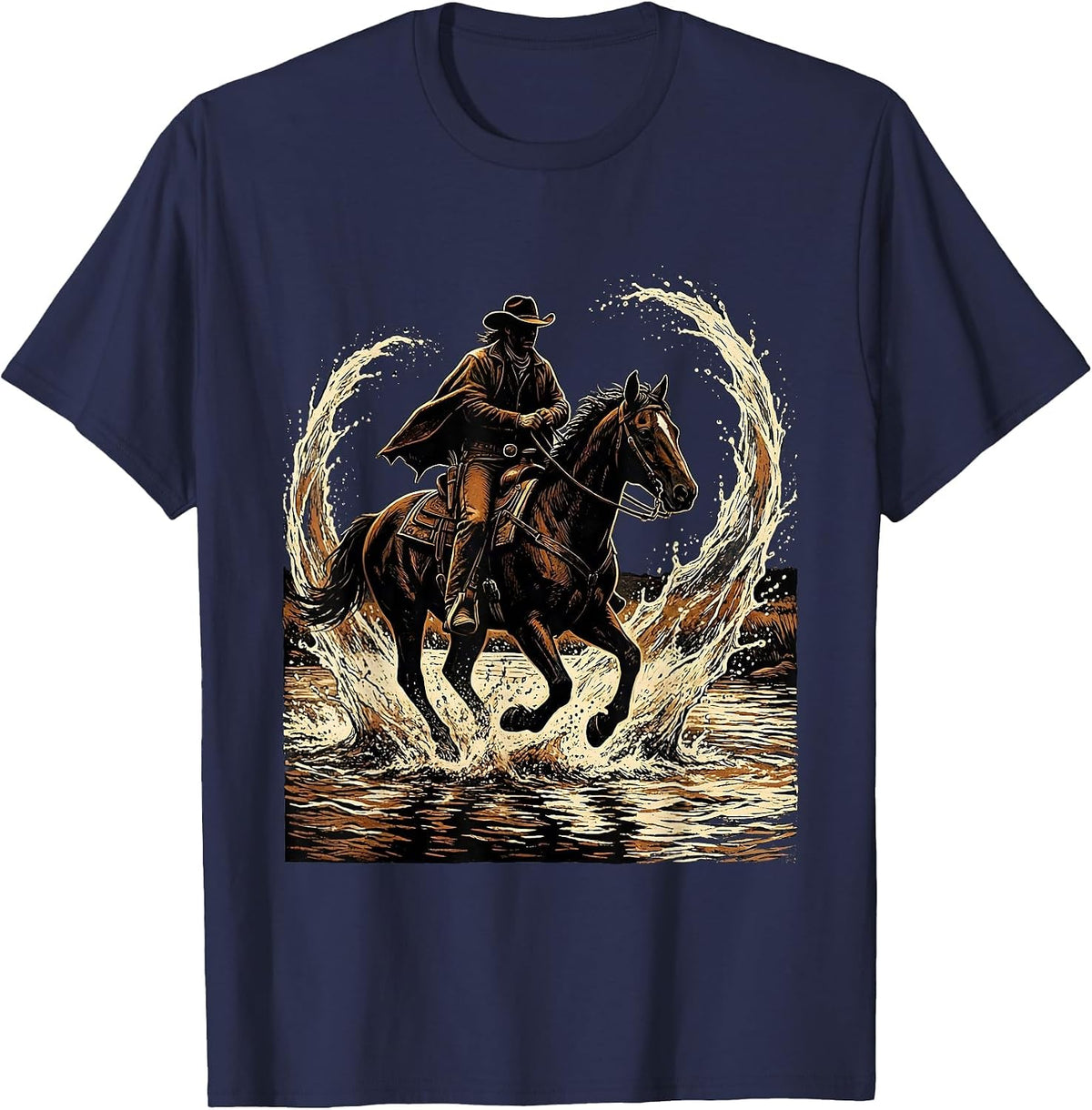 Cowboy Riding Horse Through River Splash T-Shirt - Navy Blue
