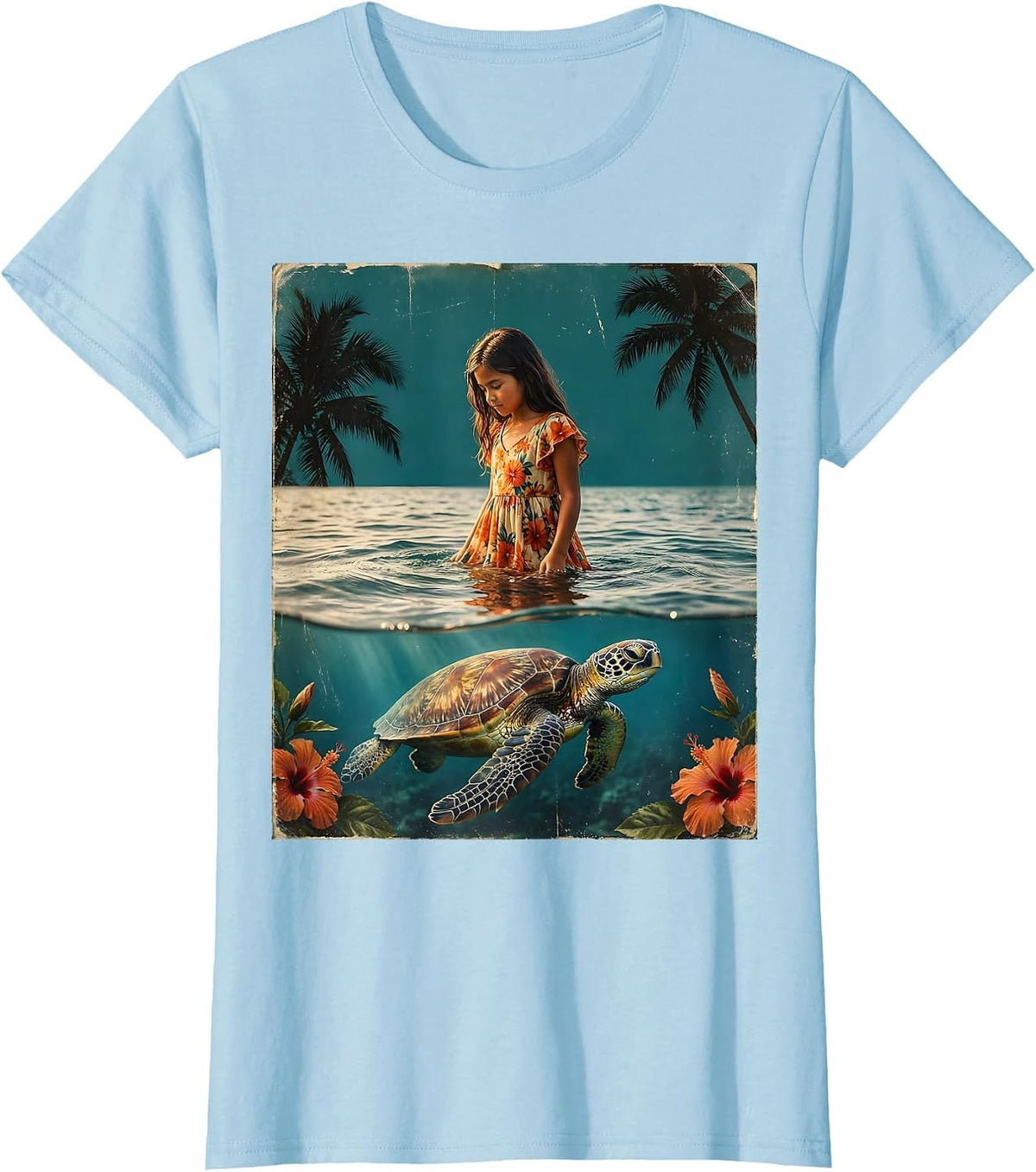 Hawaiian Girl and Sea Turtle Ocean Art Design T-Shirt - Baby Blue