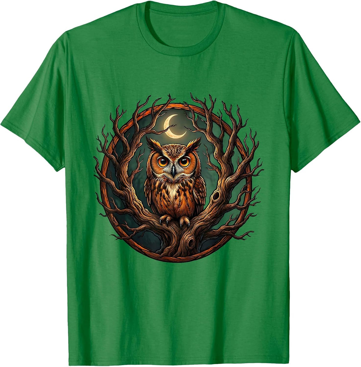 Men's Halloween Owl Glowing Eyes Dead Tree Illustration T-Shirt - Kelly Green