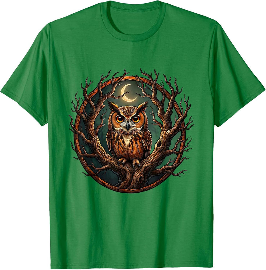 Men's Halloween Owl Glowing Eyes Dead Tree Illustration T-Shirt - Kelly Green